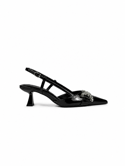 Black high-heeled sandal with a decorative strap on a white background