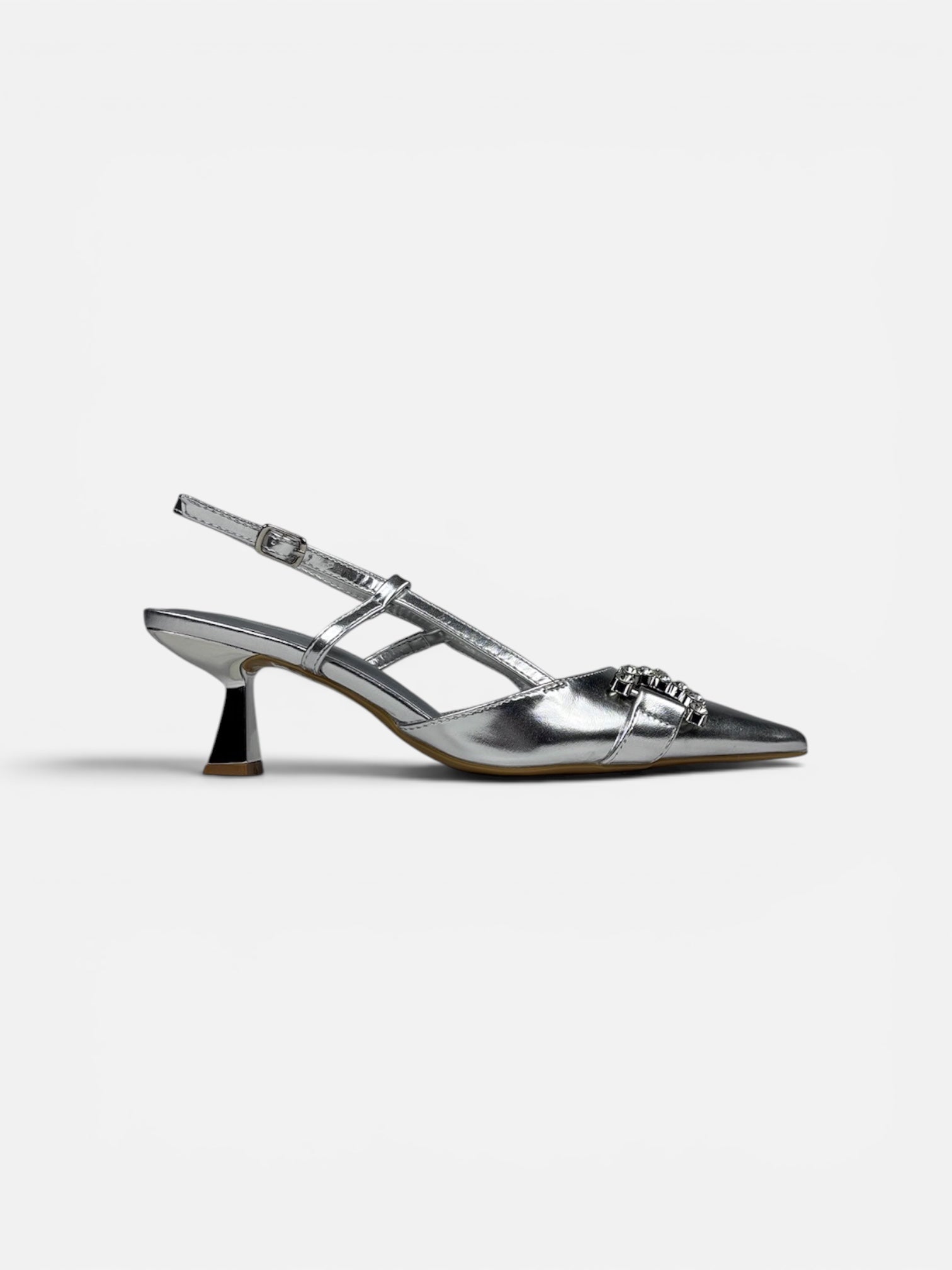 Silver high-heeled shoe on a white background
